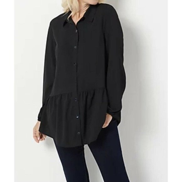 LOGO Stretch Woven Button Front Blouse Sz M